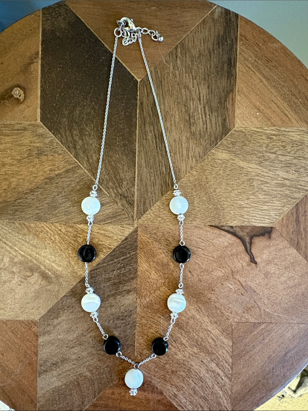 Silver Necklace with Black and White Bead Accents